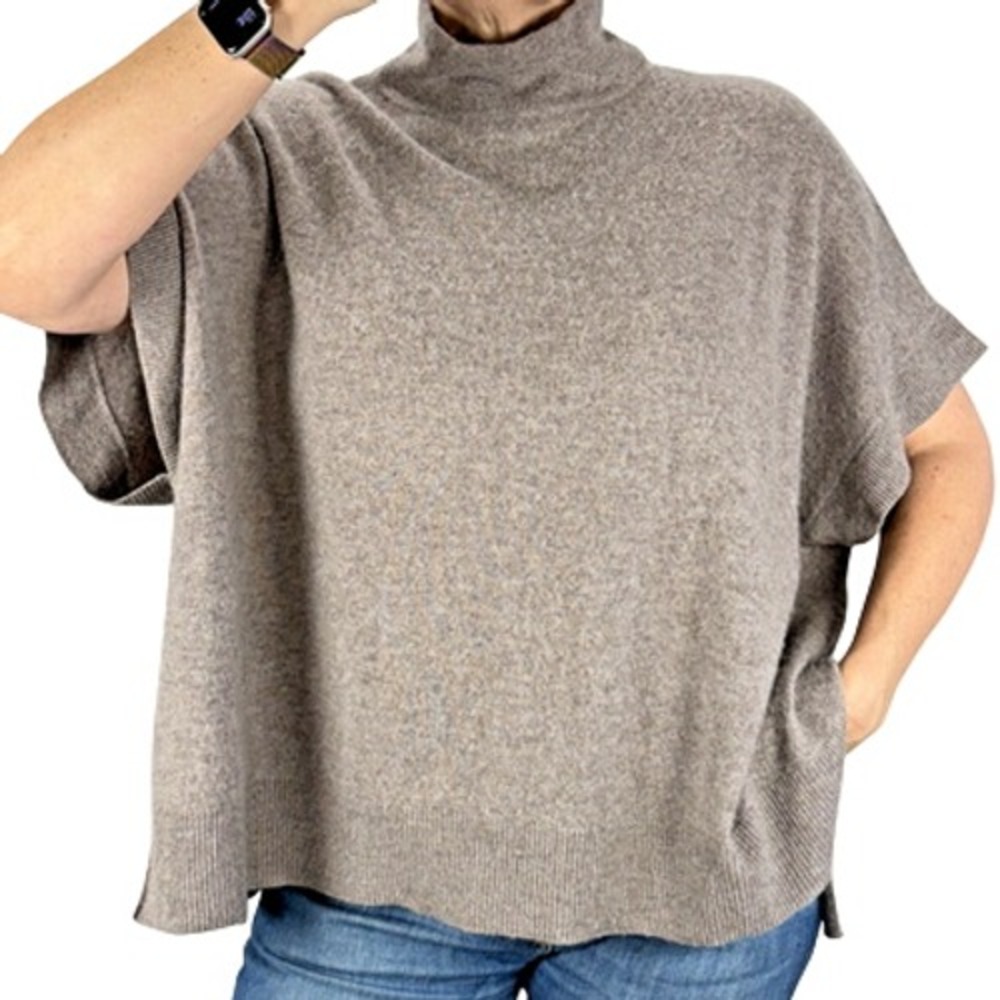 Kinross Cashmere Easy Popover Sweater One Size Dolman Sleeve Mock Neck Taupe